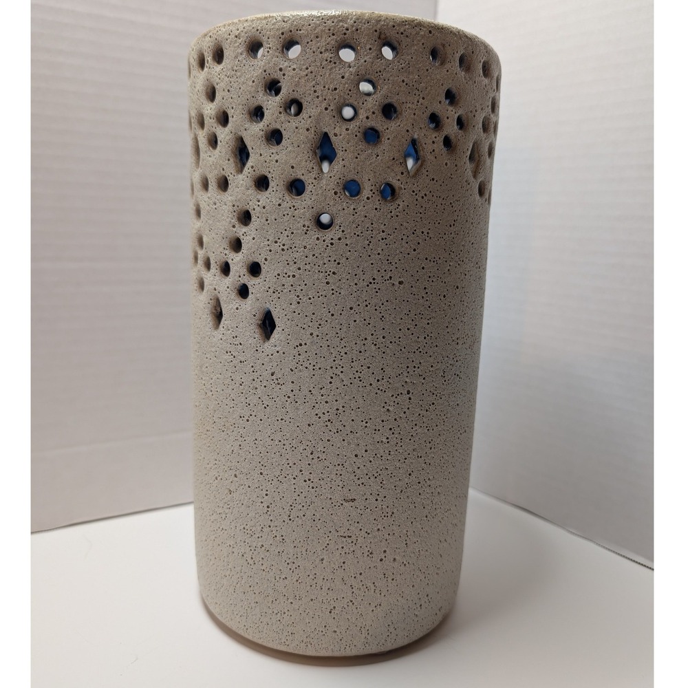 Anthropologie Ceramic Perforated Vase Lantern Candle Holder Blue Cream Glaze